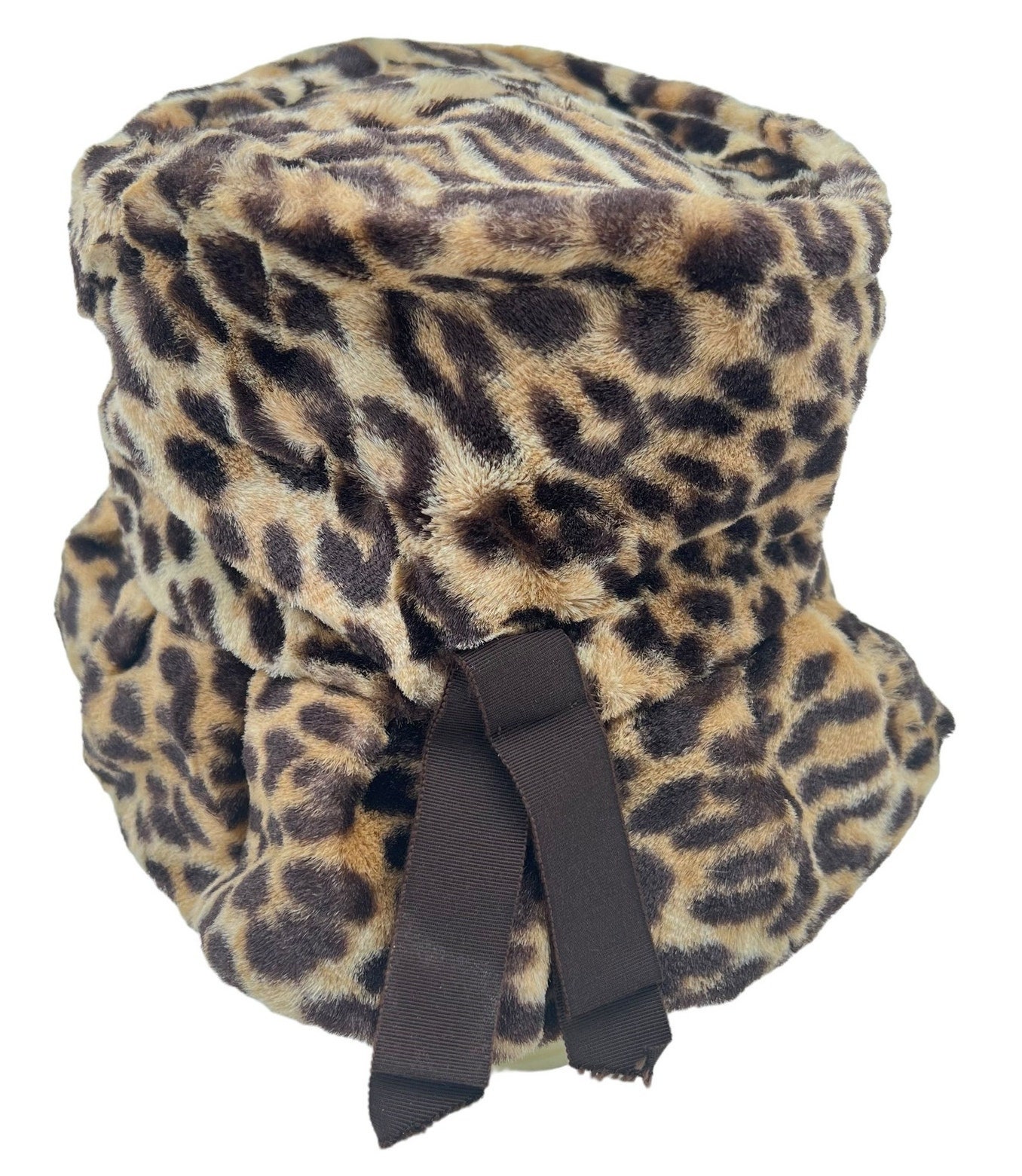 Leopard Cheetah Print Bucket Hat Vtg Y2K Faux Fur Ribbon