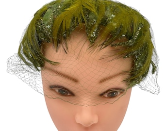 Vintage 1960s Womens Headband Hat Topper Feathers Velvet Netting Mossy Green