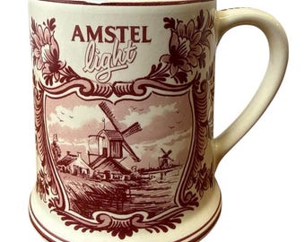 Jarra de cerveza vintage AMSTEL LIGHT de 5 pulgadas, jarra roja de Delft, molino de viento, pintada a mano, Holanda, EUC