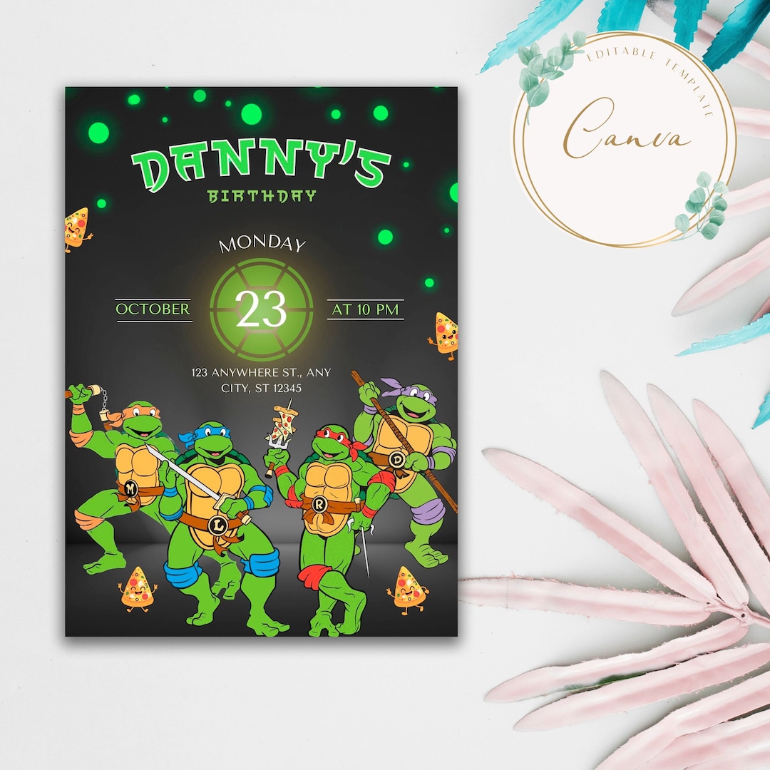 Customizable TMNT Birthday Invites. Printable Ninja Turtle Party Invitations. Digital Template ...