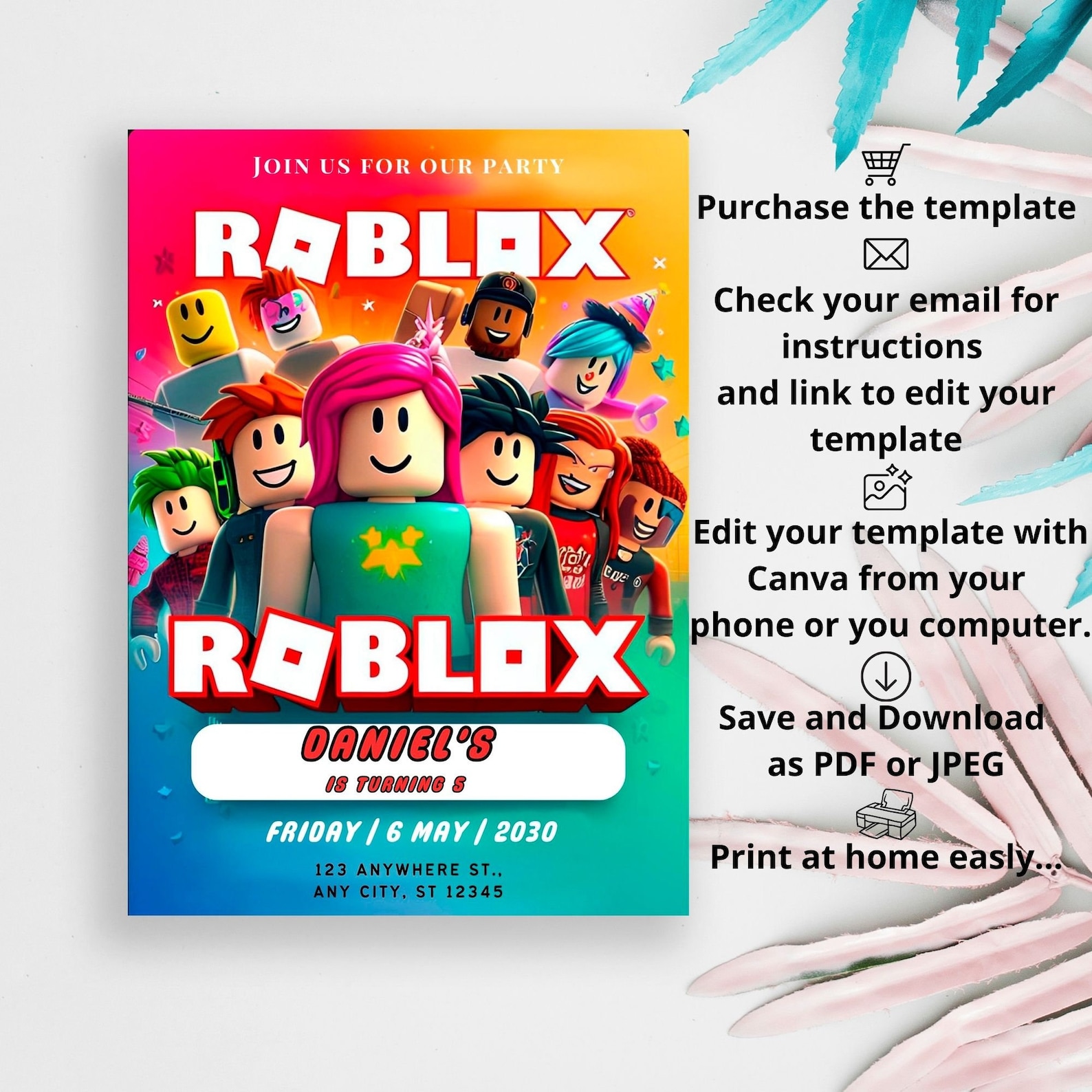 Roblox Invitation, Roblox Birthday Editable Invitation , Roblox Party ...