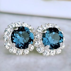 12mm Swarovski Crystal Stud Earrings, Bridal Blue Navy Earrings, Dark Blue Sapphire Earrings, Bridesmaids Earrings, Halo Diamond Solitaire