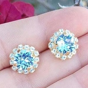 12mm Swarovski Light Blue Sapphire Crystal Gold stud earrings, Bridal blue Stud Earrings, Bridesmaids, Diamond Sapphire Halo Solitaire studs