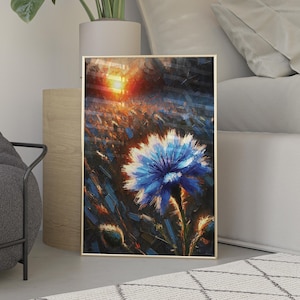 Vintage Wall Art - Blue Flower in illuminated corn field - High definition Print Art, Oil Painting Home Decor, Acrylic Flower Painting Decor