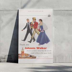Vintage Johnnie Walker Whisky Art Print, Retro Drinks Poster, Wydrukowany Bar Cart Decor, Klasyczna Reklama Whiskey, Elegancka Sztuka Ścienna