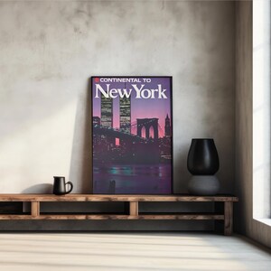 Retro New York Skyline Poster - Brooklyn Bridge and Twin Towers
