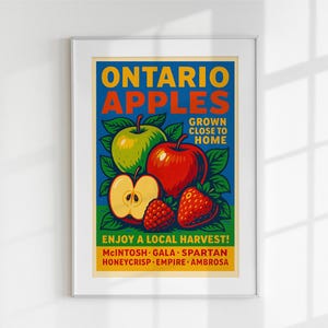 Poster vintage di mele dell&#39;Ontario - coltivate vicino a casa, arte digitale retrò con mele fresche di fattoria, arte murale del raccolto locale, regali dell&#39;Ontario, decorazioni a base di frutta
