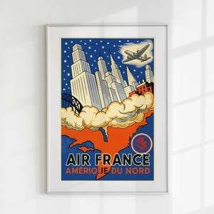 Vintage Travel Poster Wall Art – Air France New York City Retro Poster – Printable Large Digital Download Gift for Him Her Home Decor