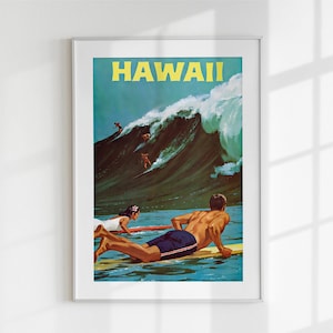 Vintage Hawaii Surfing Poster - Retro Surf Art Print - Hawaiiaanse vakantie reizen poster - klassieke strand golven print - digitale muur kunst - cadeau