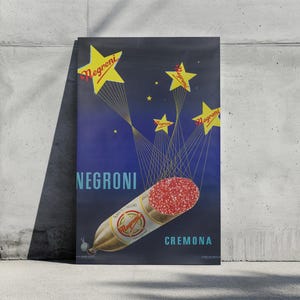 Plakat z salami Negroni Vintage, reklama włoskiego jedzenia w stylu retro, dekoracja kuchni do druku, reklama mięsa z połowy wieku, sztuka ścienna z salami