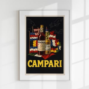 旗付きヴィンテージカンパリポスター | 印刷可能なイタリアの食前酒アート | レトロなバーカートの装飾 | デジタルダウンロードヴィンテージリカーウォールアート