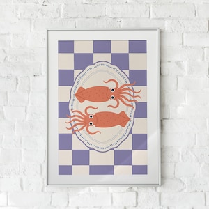 Vintage Tintenfisch Wand Kunst zum ausdrucken - Funky lila karierter Fisch Druck, Retro Küche Dekor, Mid Century inspiriert digitaler Download