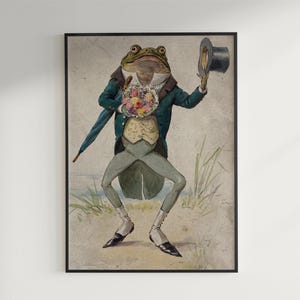 Arte de pared imprimible con un encantador caballero rana / Ilustración vintage / Arte de rana caprichoso / Descarga instantánea / Impresión animal remasterizada