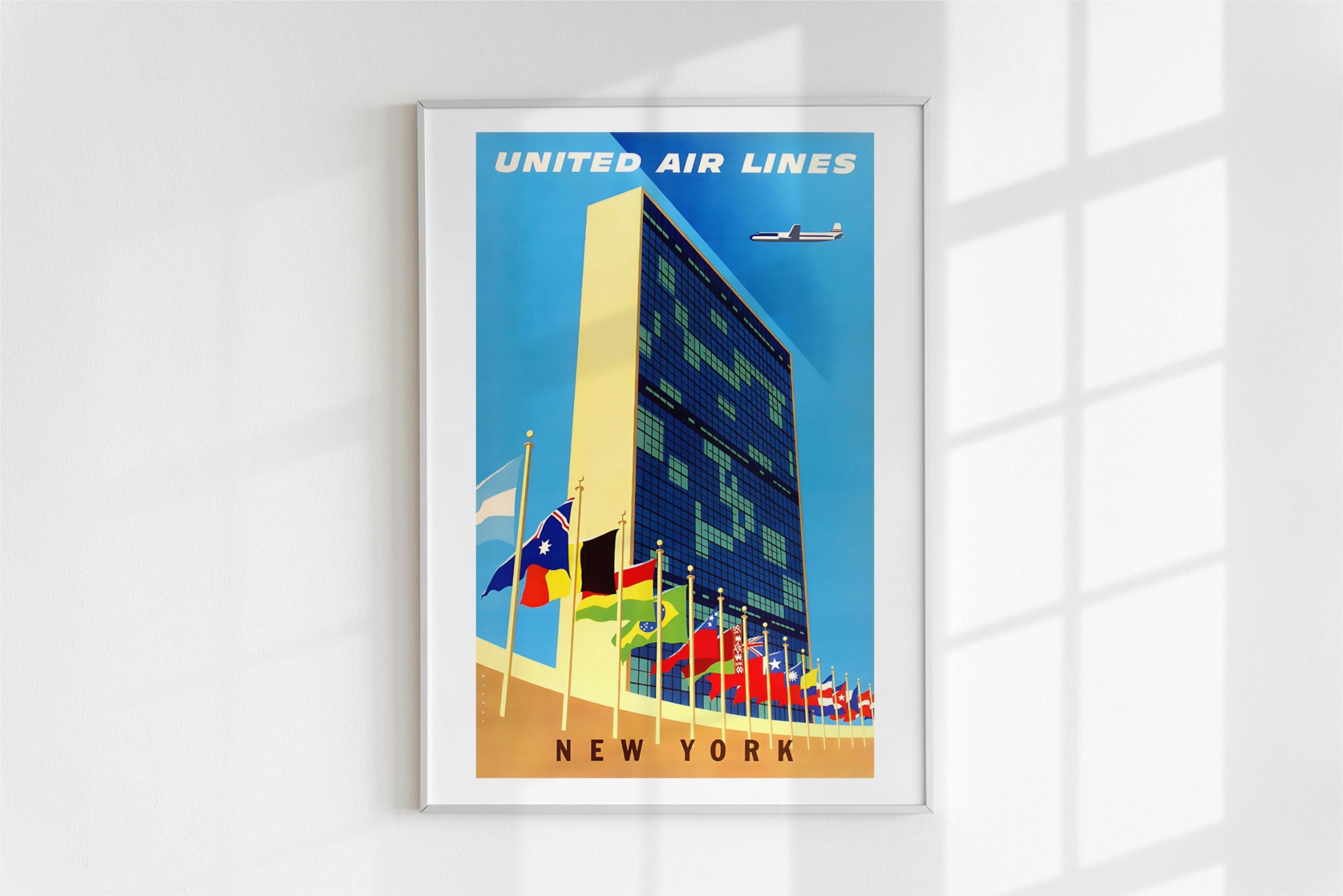 Vintage United Airlines New York Poster Print - Retro UN Building