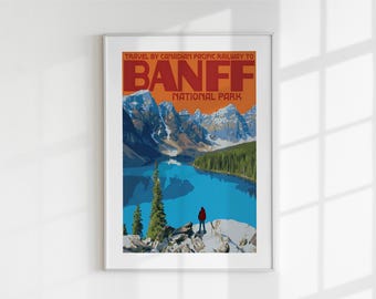 Póster de viaje vintage del Parque Nacional Banff / Arte mural imprimible del Ferrocarril del Pacífico Canadiense / Descarga digital de paisaje montañoso retro