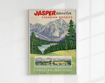 Jasper Nationalpark Vintage Wandkunst, Geschenk für Ihn, Wohnkultur Digitaldrucke, Retro Wanddeko, großer druckbarer Kunstdownload, Rockies