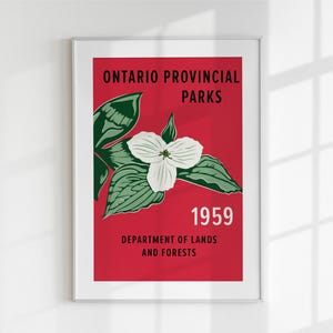 Ontario Trillium Digital Download Poster – 1959 Provinciale bloemenprint vintage rode achtergrond Botanische kunst Canada