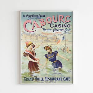 Póster de un resort de playa francés antiguo, casino de Cabourg, arte de pared retro, impresión de arte digital, descarga digital, decoración del hogar, playa