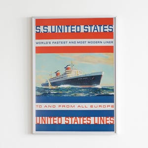 Vintage SS United States Ocean Liner Print, Retro Nautical Travel Poster, Mid Century Ship Art, Maritime Decor, Cruise Ship Digital Download
