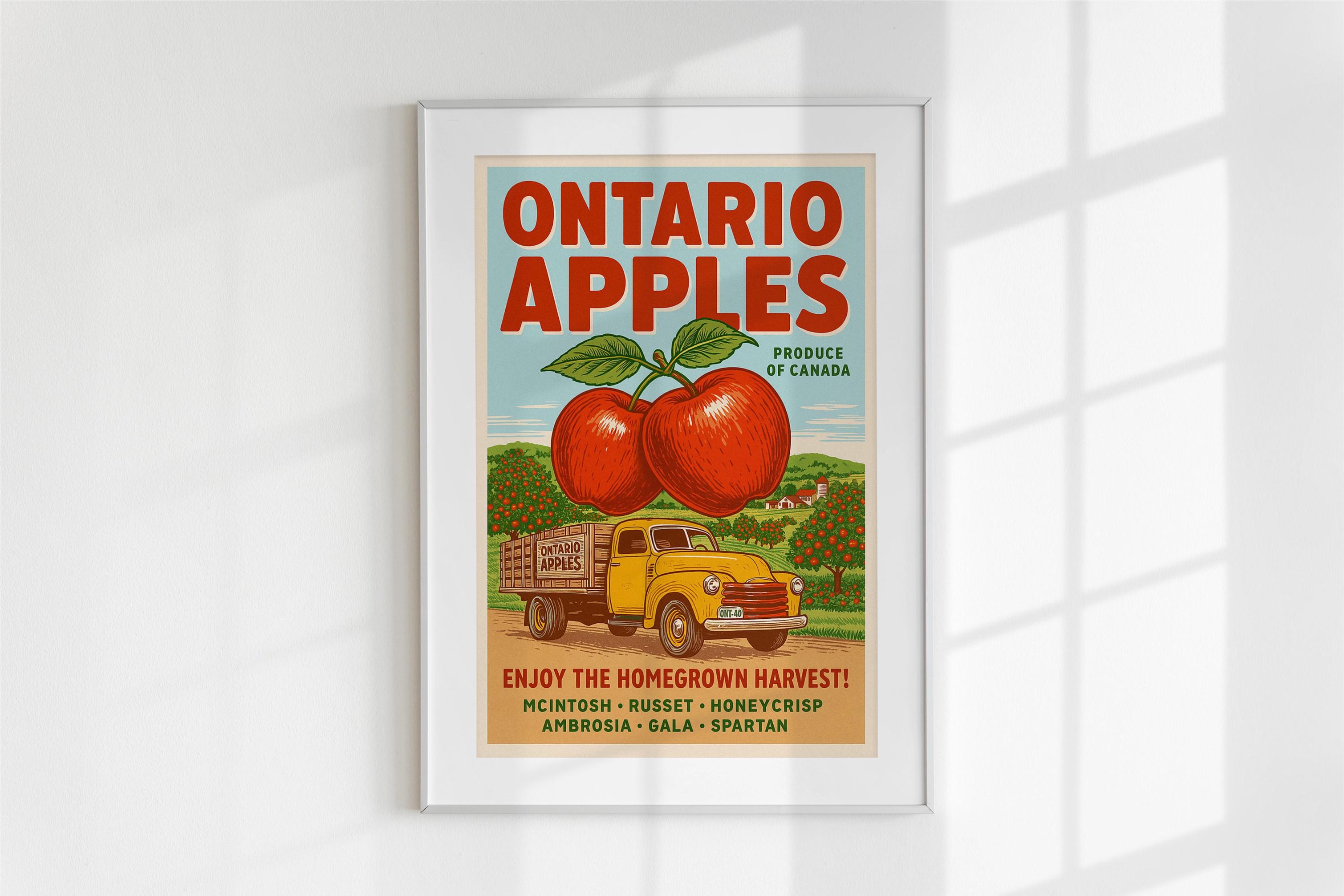 Ontario Apples Poster - Retro Farm Fresh Harvest Art, Local