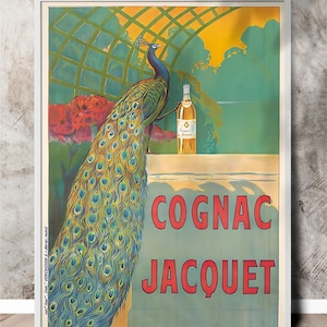 Póster vintage de Jacquet de coñac, obra de arte de pavo real francés remasterizada, arte de pared imprimible en escala 3:4 para bar, cocina y decoración de sala de estar
