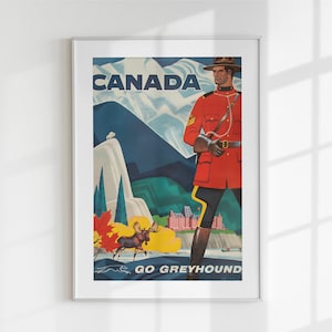 Vintage Canadian Mountie Poster | Retro Canada Travel Wall Art | Printable Digital Download | RCMP Artwork | Greyhound Tourism Decor