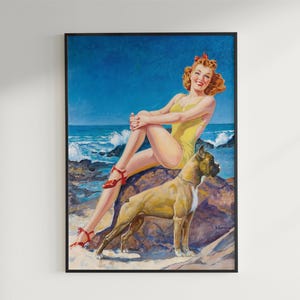 Vintage Pin-Up Girl with Boxer Dog | Retro Beach Wall Art | Printable Digital Download | 1950s Pin-Up Art | Mid-Century Home Decor