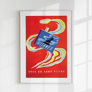 Póster vintage de cigarrillos Gitanes, impresión publicitaria retro francesa, arte mural moderno de mediados de siglo, descarga digital, decoración imprimible