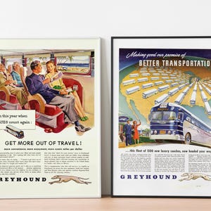 Vintage Greyhound Bus Travel Print Ad Set - digital art download -  printable wall art - gift - travel art - vintage magazine ads - bus