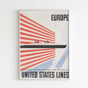 Vintage SS United States Ocean Liner Poster, Nautical Wall Art, Retro Travel Print, Mid Century Ship Decor, Cruise Ship Digital Download