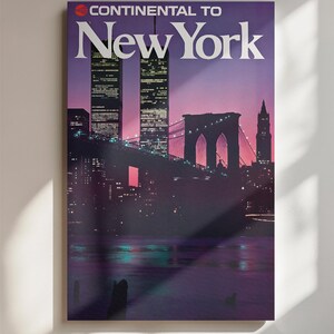 Retro New York Skyline Poster - Brooklyn Bridge and Twin Towers