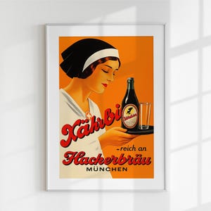 Plakat Vintage Hackerbräu Beer do wydrukowania | Niemiecka sztuka ścienna z piwem | Dekoracja wózka barowego w stylu retro | Browar w Monachium Cyfrowe pobieranie wydruku