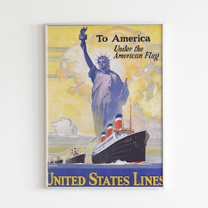 Vintage SS United States Poster, Ocean Liner Wall Art, Maritime Travel Print, Retro Nautical Decor, Statue of Liberty Ship Illustration