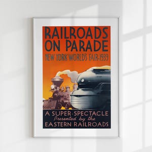Vintage Eisenbahn auf Parade Poster, New Yorker Weltausstellung 1939, Retro Zug Wandkunst, digitaler Download, druckbare Kunst, Art Deco Reisedruck