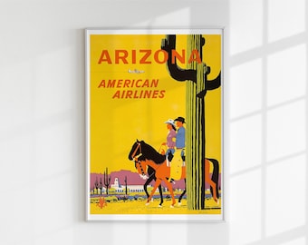 Vintage Arizona Travel Poster Print - American Airlines Retro Art - Western Desert Wall Decor - Digital Download - 5 Ratios, ISO Sizes