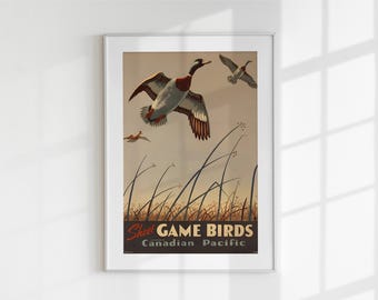Póster vintage de caza de aves de caza / Impresión de arte de pared de caza de patos del Pacífico canadiense / Decoración rústica imprimible de vida silvestre / Descarga digital