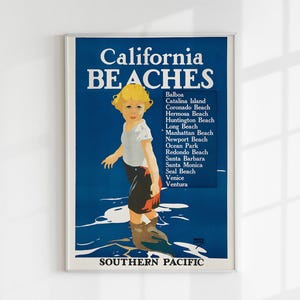Vintage California Beaches Travel Print, Digital Download, Southern Pacific Poster, Coastal Wall Art, Retro Beach Decor, Large Printable Art