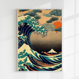 Impresión moderna de la Gran Ola / Descarga digital inspirada en Hokusai / Arte mural con sol y olas vívidas / Descarga de arte digital / Descarga de arte imprimible