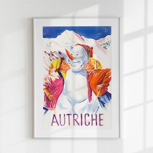 Poster vintage sugli sci austriaci, stampa di viaggio sulle Alpi austriache, arte murale retrò sugli sport invernali, download digitale, arte stampabile, arredamento di metà secolo