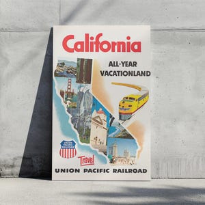 Vintage California Travel Poster, Union Pacific Railroad Wall Art, Printable Digital Download, Retro Decor, World Traveler Gift, 2:3 Ratio