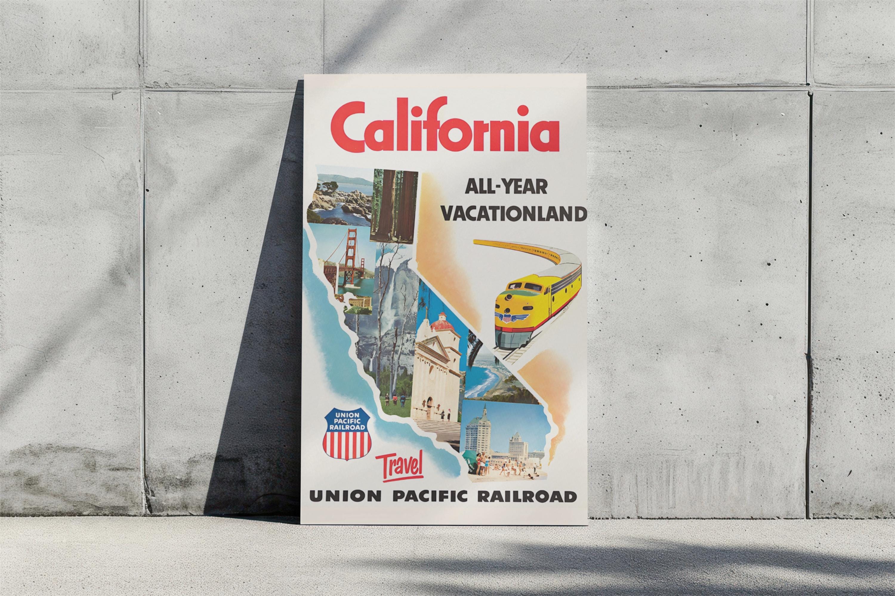 Vintage Reise Poster Kalifornien, Union Pacific Railroad Wandkunst, Printable digitaler Download, Retro Dekor, Weltreisender Geschenk, Verhältnis 2:3