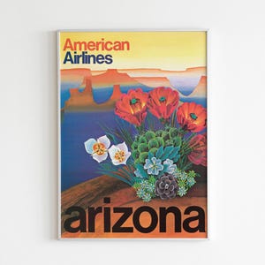 Vintage Arizona Reise Poster, Retro Wüste Landschaft, American Fluglinien Kunst, Südwesten Wand-Dekor, Kaktus Blume Print, printable Art