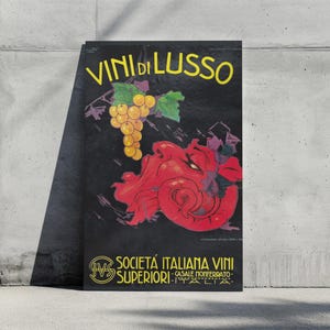 Plakat z winem vintage Vini di Lusso, reklama włoskiego wina retro, drukowana sztuka ścienna, dekoracja wózka barowego, dekoracja ścienna kuchni, prezent