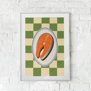Retro Lachssteak Küche Wandkunst - Mid Century Modern Food Poster, Funky Green Check, digital druckbare Fisch Wanddekoration