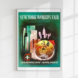 Impresión de póster vintage de la Feria Mundial de Nueva York - Arte retro de American Airlines - Decoración de viajes de mediados de siglo - Descarga digital - 5 relaciones de aspecto, tamaños ISO