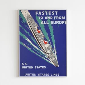 Vintage SS United States Ocean Liner Print, Nautical Travel Poster, Mid Century Ship Art, Maritime Decor, Cruise Ship Digital Download