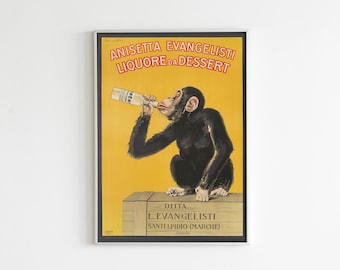 Vintage Anisetta Evangelisti Monkey Poster Wall Art, Digital Download, Retro Bar Decor, Gift for Him, Printable Kitchen Wall Art