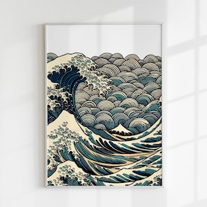 Impresión moderna de la Gran Ola / Descarga digital inspirada en Hokusai / Arte mural con sol y olas vívidas / Descarga de arte digital / Descarga de arte imprimible
