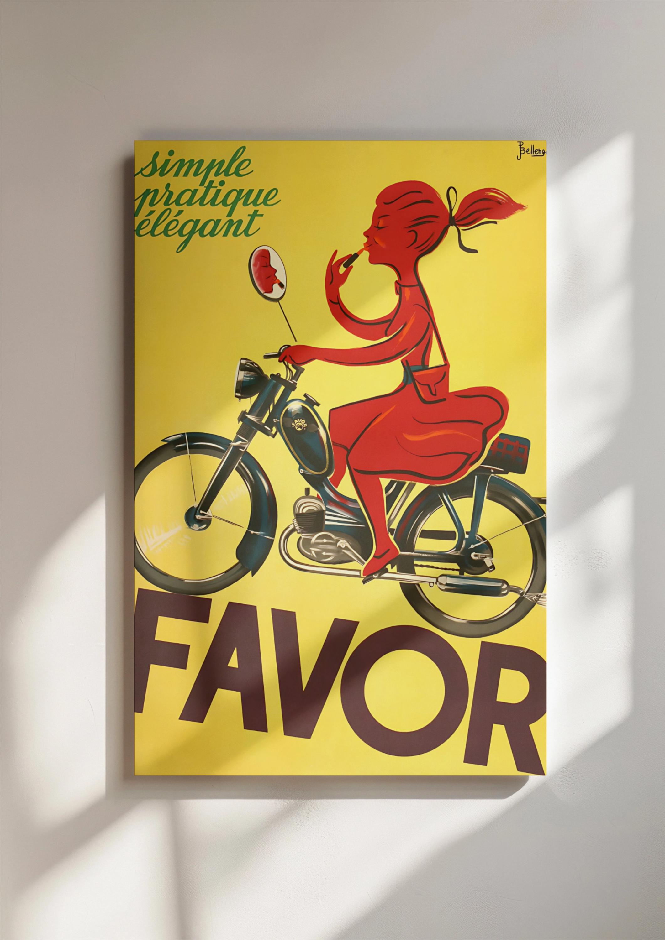 Retro Favor Motorcycle Poster, Vintage French Advertising Art