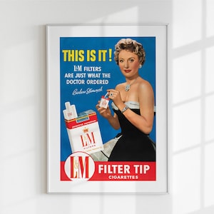 Vintage L&M Cigarettes Poster, Retro 1950s Advertising Print, Mid Century Wall Art, Printable Digital Download, Classic Tobacco Ad